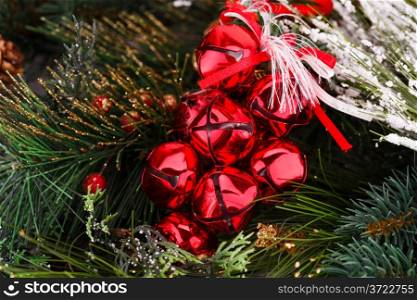 Christmas red decoration with fir tree branch.