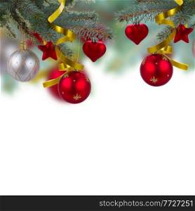 christmas red decorations hanging on fir tree isolated on white background. christmas red decorations  hanging on fir tree