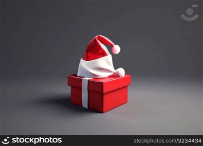 Christmas red gift box with ribbon and santa claus hat on gray background, isolate. Header banner mockup with copy space. AI generated.. Christmas red gift box with ribbon and santa claus hat on gray background, isolate. AI generated.