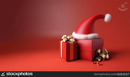 Christmas red gift box with ribbon and santa claus hat on red background, isolate. Header ban≠r mockup with©space. AI≥≠rated.. Christmas red gift box with ribbon and santa claus hat on red background, isolate. AI≥≠rated.