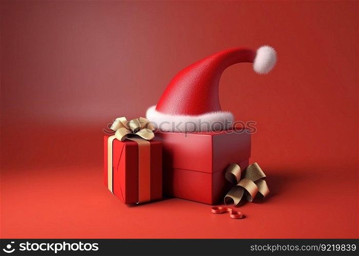 Christmas red gift box with ribbon and santa claus hat on red background, isolate. Header banner mockup with copy space. AI generated.. Christmas red gift box with ribbon and santa claus hat on red background, isolate. AI generated.
