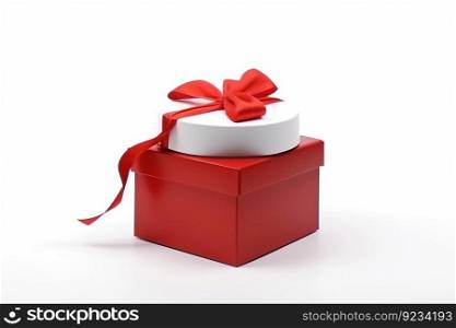Christmas red gift box with ribbon and Santa Claus hat on white background, isolate. Header banner mockup with copy space. AI generated.. Christmas red gift box with ribbon and Santa Claus hat on white background, isolate. AI generated.
