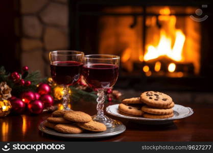 Christmas red wine and cookie on a wooden rustic table. Fireplace in the background. Christmas red wine and cookie on a wooden rustic table. Fireplace in the background.