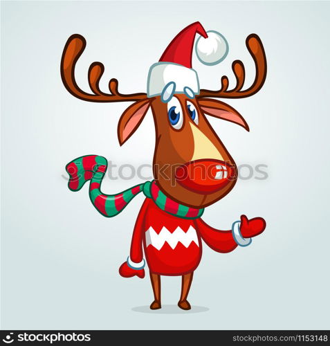 Christmas reindeer in Santa Claus hat and striped scarf pointing a hand. Vector illustration on snowy background