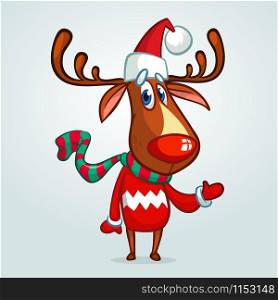 Christmas reindeer in Santa Claus hat and striped scarf pointing a hand. Vector illustration on snowy background