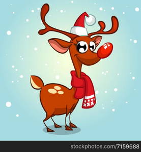 Christmas reindeer in santa hat vector illustration on snowy background