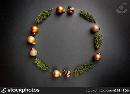 Christmas round frame made of winter decorations on black background. Christmas concept. Flat lay, top view.. Christmas holidays composition