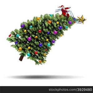 Christmas rush and bustle winter holiday concept with Santaclause sitting on a decorated pine tree that is flying in the air being guided with a harness like a magical sled by Santa wearing a red suit on a white background.