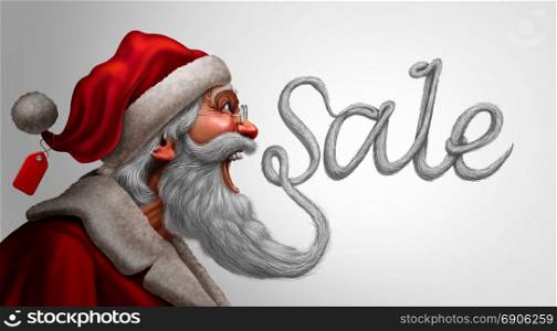 Christmas sale and winter holiday discount promotion symbol as santa claus with a beard shaped as xmas seasonal text with 3D render elements.