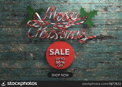 Christmas Sale Promotion Template . 3d illustration.Merry Christmas text over wooden background.