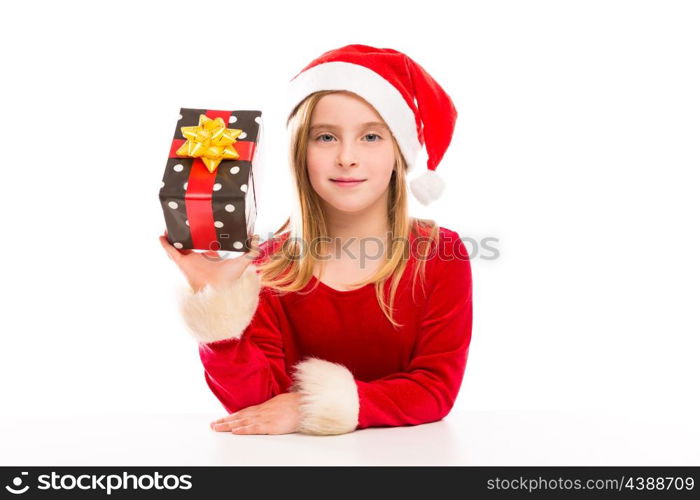 Christmas Santa blond kid girl happy excited with ribbon gift isolated on white background