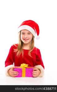 Christmas Santa blond kid girl happy excited with ribbon gift isolated on white background