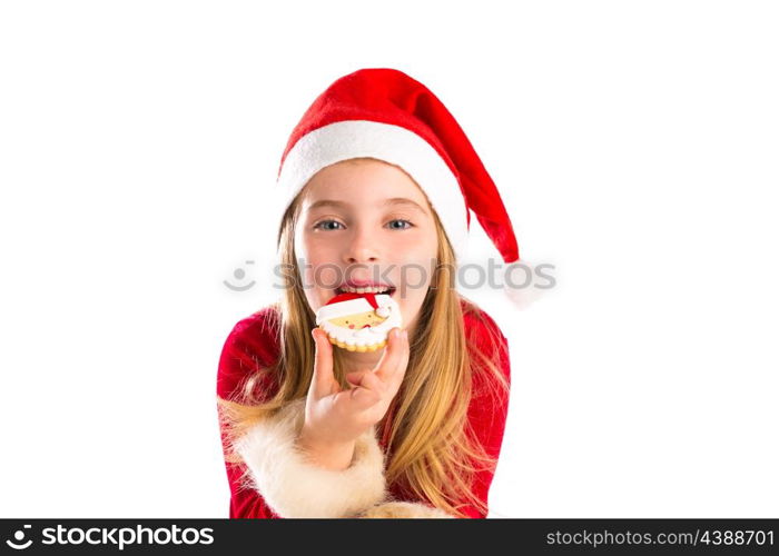 Christmas Santa eating cookie and Xmas blond kid girl isolated on white background