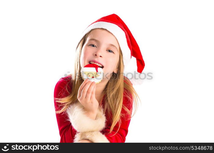 Christmas Santa eating cookie and Xmas blond kid girl isolated on white background