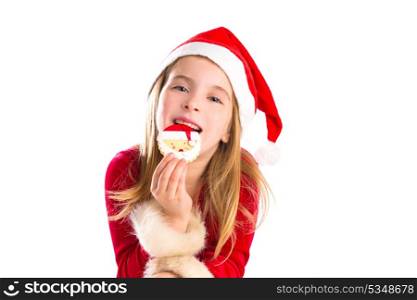 Christmas Santa eating cookie and Xmas blond kid girl isolated on white background