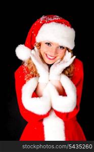 Christmas santa girl on black. Copy text. Christmas greetings card