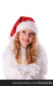 Christmas santa girl on black with heap of snow. Christmas greetings card