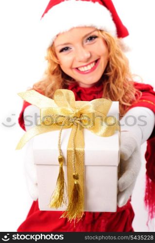 Christmas santa girl with gift isolated on white. Copy text. Christmas greetings card