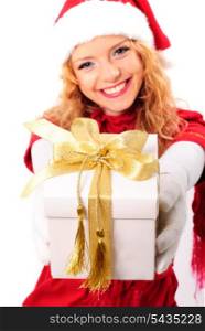 Christmas santa girl with gift isolated on white. Copy text. Christmas greetings card