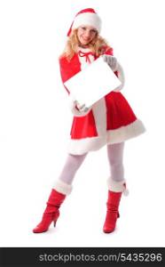 Christmas santa girl with greetings card isolated on white. Copy text. Christmas greetings card