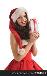 Christmas Santa hat isolated woman portrait holding Christmas gift. Smiling happy girl on white background.