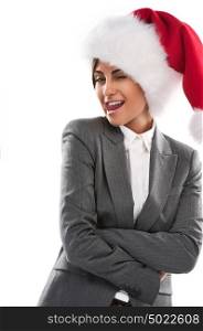 Christmas Santa hat isolated woman portrait. Smiling happy girl on white background.