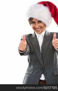Christmas Santa hat isolated woman thumbs up portrait. Smiling happy girl on white background.