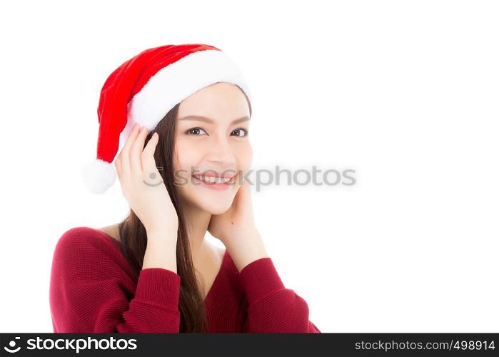 Christmas Santa hat of young asian woman portrait, girl with smile and happy isolated on white background xmas and new year concept.