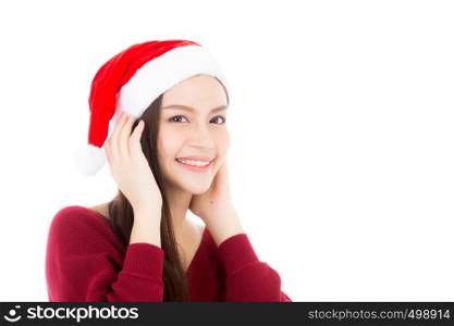 Christmas Santa hat of young asian woman portrait, girl with smile and happy isolated on white background xmas and new year concept.