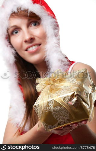 Christmas santa woman holding gift.