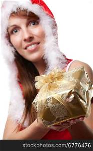 Christmas santa woman holding gift.