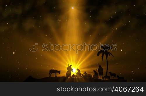 Christmas Scene with twinkling stars and brighter star of Bethlehem with sparkling nativity characters and animated animals and trees. Seamless Loop with Nativity Christmas story with twinkling stars and moving wispy clouds and real animals and trees.