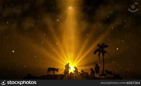 Christmas Scene with twinkling stars and brighter star of Bethlehem with sparkling nativity characters and animated animals and trees. Seamless Loop with Nativity Christmas story with twinkling stars and moving wispy clouds and real animals and trees.