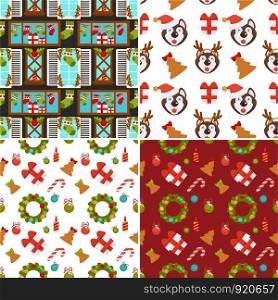 Christmas seamless pattern composed of gift boxes tied with ribbon, decorative toys for festive tree, delicious treats and lighted candles isolated cartoon vector illustrations on white background.. Christmas seamless pattern vector illustration