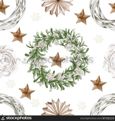 christmas seamless pattern. lights,pine cone, firry. Watercolor illustration. Farmhouse Christmas tree Winter backgroun. christmas seamless pattern. lights,pine cone, firry. Watercolor illustration. Farmhouse Christmas tree. Winter background