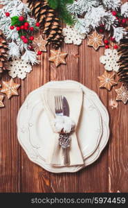 Christmas serving table in shabby chic style. Gingerberad decorations. Christmas serving table