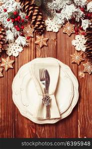 Christmas serving table in shabby chic style. Gingerberad decorations. Christmas serving table