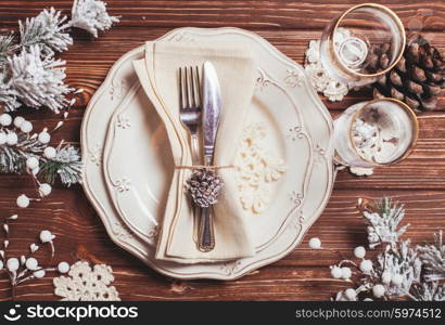 Christmas serving table in shabby chic style. Top view, crochet snowflakes