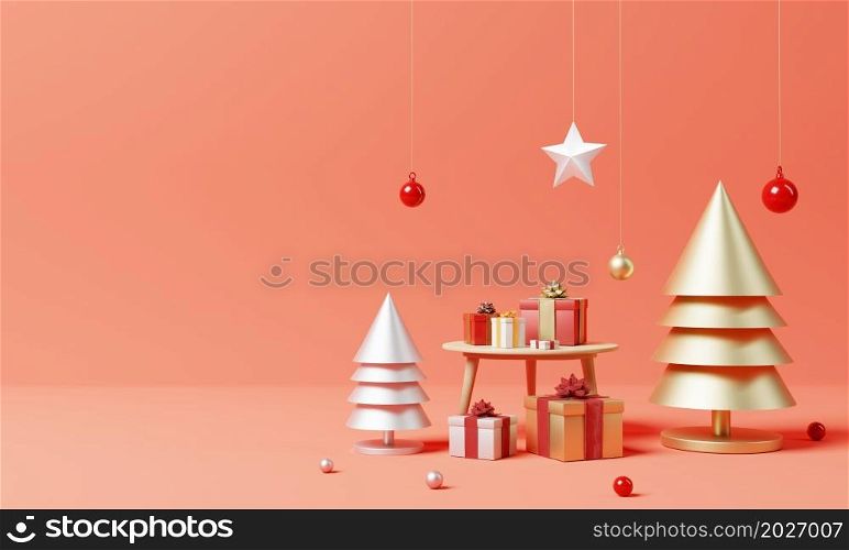 Christmas set decoration and ornament with golden and silver Xmas tree and snowflake on red background. Holiday festival and minimalism object concept. 3D illustration rendering
