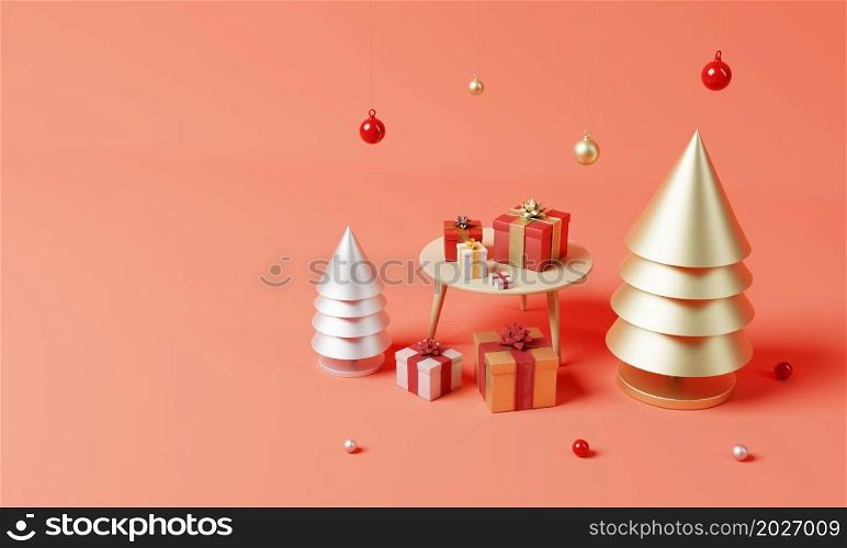 Christmas set decoration and ornament with golden and silver Xmas tree and snowflake on red background. Holiday festival and minimalism object concept. 3D illustration rendering