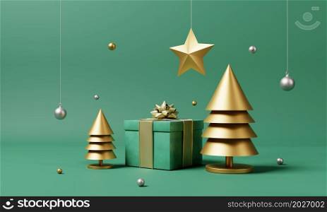 Christmas set decoration and ornament with golden Xmas tree and snowflake on isolated green background. Holiday festival and minimalism object concept. 3D illustration rendering