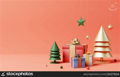 Christmas set decoration and ornament with golden Xmas tree colorful gift box and snowflake on red background. Holiday festival and minimalism object concept. 3D illustration rendering