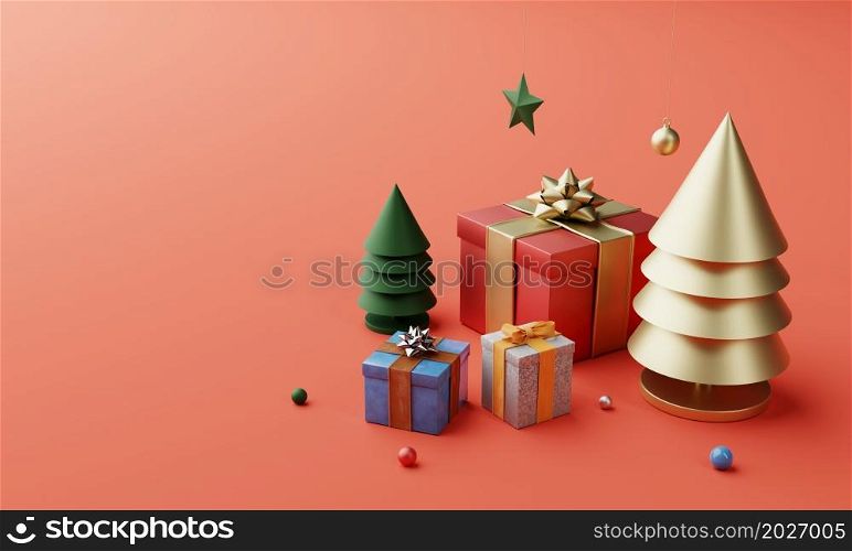 Christmas set decoration and ornament with golden Xmas tree colorful gift box and snowflake on red background. Holiday festival and minimalism object concept. 3D illustration rendering