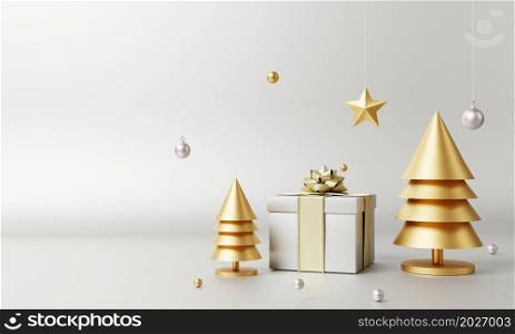 Christmas set decoration and ornament with Xmas tree golden star gift box and snowflake on silver gray background. Holiday and object concept. 3D illustration rendering
