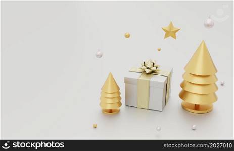 Christmas set decoration and ornament with Xmas tree golden star gift box and snowflake on silver gray background. Holiday and object concept. 3D illustration rendering
