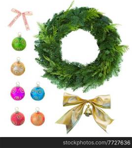 christmas set with green wreath, golden bow and multicolored balls isolated on white background