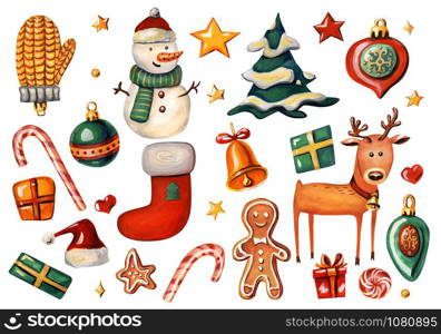 Christmas set with holiday symbols. Reindeer, Santa hat, Christmas decorations, gift boxes, stars, snowman, gingerbread, sock, bell, Christmas tree and lollipops isolated on white background. Christmas set with holiday symbols.