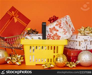 christmas shopping composition with basket