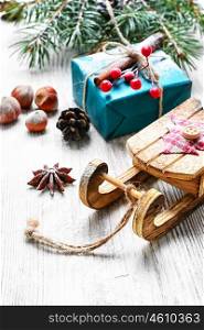 Christmas sleigh and gifts. Christmas decoration with sleigh of Santa Claus and gifts