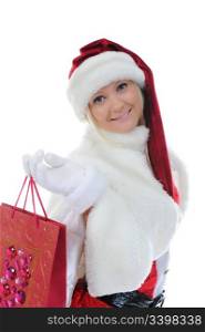Christmas smiling woman in red christmas cap with a gift. isolated on a white background